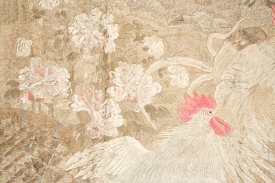Lot 277 - A LARGE JAPANESE EMBROIDERED 'COCKERELS' WALL HANGING