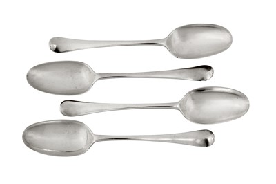 Lot 314 - Huguenot interest – Four rare George I silver dessert spoons, London circa 1715 probably by Jacques du Portail (b. c. 1648)