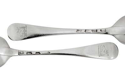 Lot 313 - Huguenot interest - A pair of George II sterling silver dessert spoons, London 1741 by Louis Ourry (reg. 21 Aug 1740)
