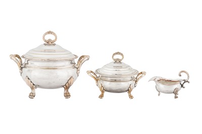 Lot 327 - An assembled George III Old Sheffield Silver Plate soup tureen, sauce tureen and sauce boat set, circa 1800