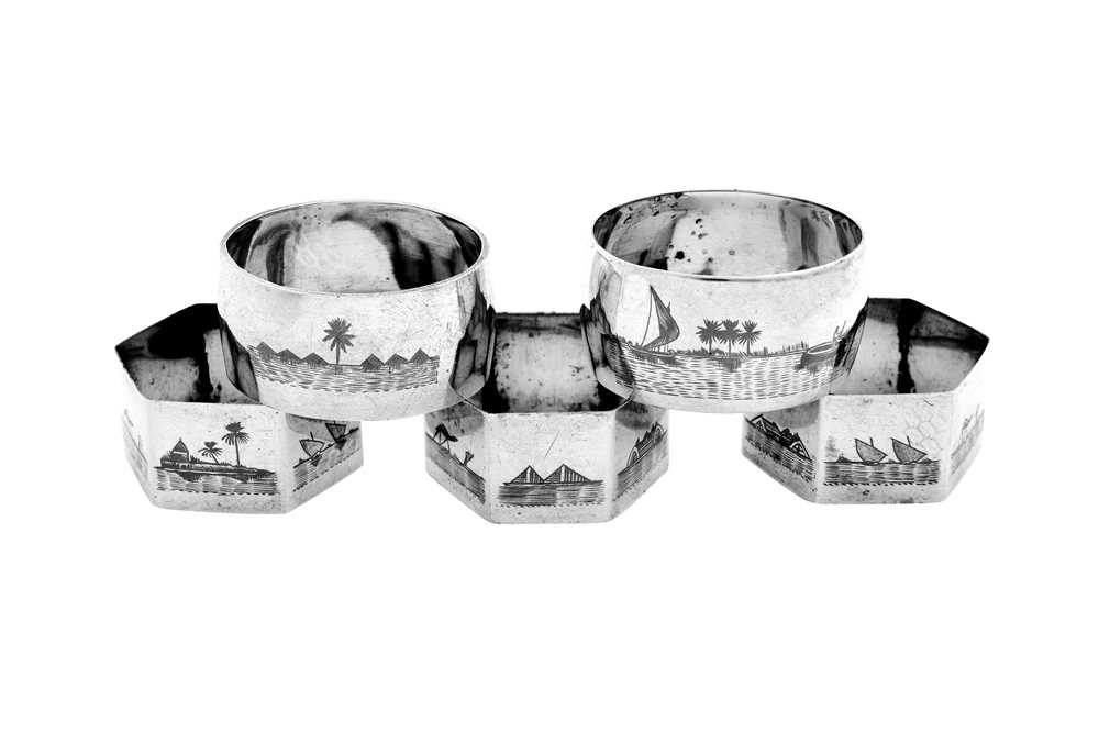 Lot 224 - A mixed group of early 20th century silver and niello napkin rings, Omara circa 1930