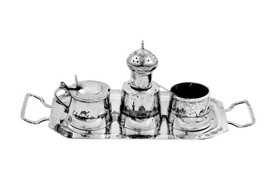 Lot 232 - An early 20th century Iraqi silver and niello cruet set on tray, Omara circa 1930