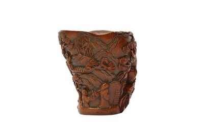 Lot 93 - A CHINESE CARVED BOXWOOD 'SCHOLARS AND BOYS' LIBATION CUP