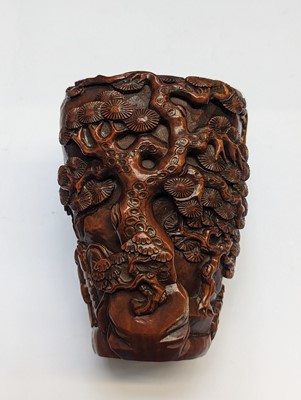 Lot 93 - A CHINESE CARVED BOXWOOD 'SCHOLARS AND BOYS' LIBATION CUP
