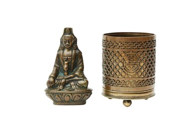 Lot 538 - A CHINESE BRONZE BRUSH POT AND A FIGURE OF A SEATED BUDDHA