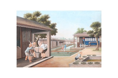 Lot 102 - THREE CHINESE EXPORT 'TEA PRODUCTION' PAINTINGS