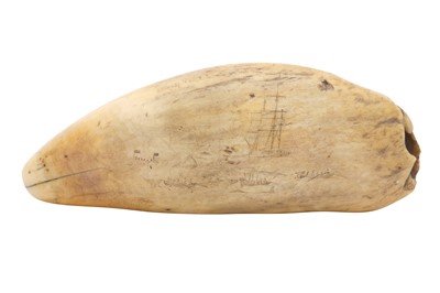 Lot 1717 - A 19TH-CENTURY SCRIMSHAW SPERM WHALE TOOTH DEPICTING WHALING EXPEDITION