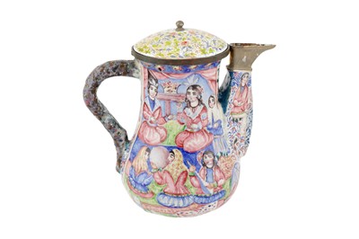 Lot 142 - A QAJAR POLYCHROME-PAINTED ENAMELLED LIDDED COPPER COFFEE POT WITH FATH 'ALI SHAH