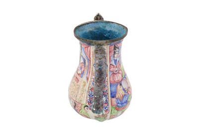 Lot 142 - A QAJAR POLYCHROME-PAINTED ENAMELLED LIDDED COPPER COFFEE POT WITH FATH 'ALI SHAH