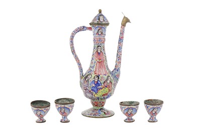 Lot 144 - A QAJAR POLYCHROME-PAINTED ENAMELLED COPPER EWER WITH FOUR ZARF CUPS