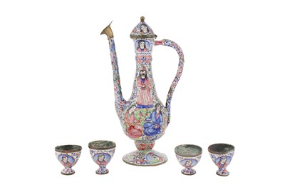 Lot 144 - A QAJAR POLYCHROME-PAINTED ENAMELLED COPPER EWER WITH FOUR ZARF CUPS
