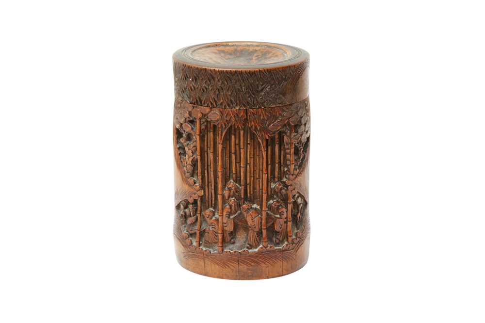 Lot 533 - A CHINESE BAMBOO 'SEVEN SAGES' BRUSH POT AND COVER