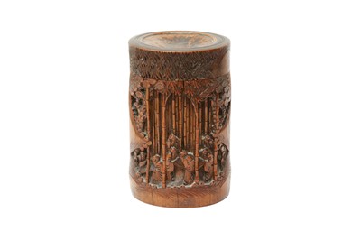 Lot 533 - A CHINESE BAMBOO 'SEVEN SAGES' BRUSH POT AND COVER