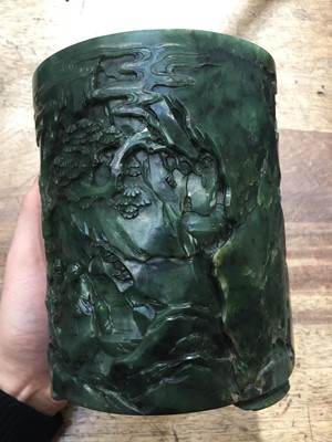 Lot 58 - A CHINESE SPINACH-GREEN JADE 'SEVEN SAGES' BRUSH POT, BITONG