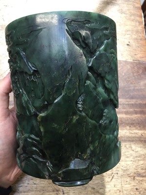 Lot 58 - A CHINESE SPINACH-GREEN JADE 'SEVEN SAGES' BRUSH POT, BITONG