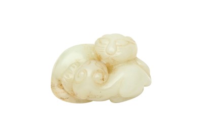 Lot 819 - A CHINESE CELADON JADE CARVING OF CATs