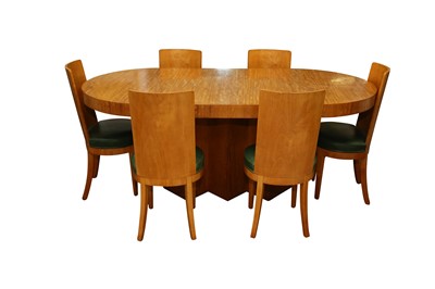 Lot 1824 - AN ART DECO SATIN BIRCHWOOD VENEER DINING TABLE AND CHAIRS