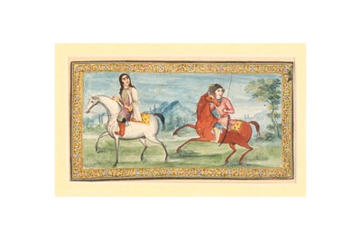 Lot 204 - A QAJAR MAIDEN AND YOUNG OFFICER ON HORSEBACK