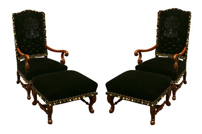 Lot 407 - A GOOD PAIR OF LOUIS XIV STYLE CAMEL BACK ARMCHAIRS