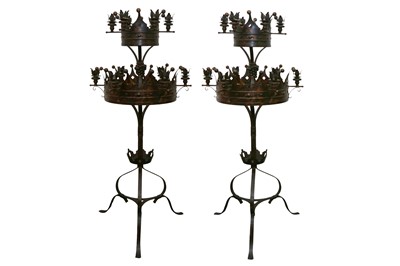 Lot 1561 - A PAIR OF GOTHIC INSPIRED FLOOR STANDING CANDELABRA