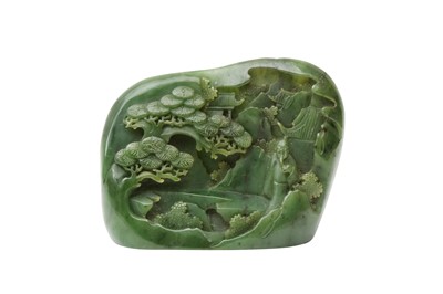 Lot 838 - A CHINESE SPINACH-GREEN JADE 'SCHOLAR' BOULDER CARVING