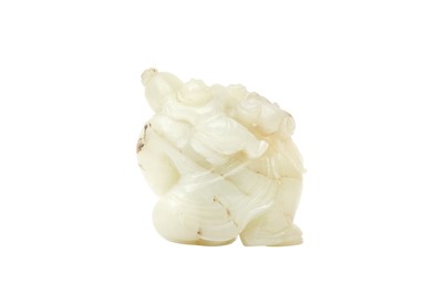 Lot 429 - A CHINESE CELADON JADE CARVING OF A MAN AND CHILD