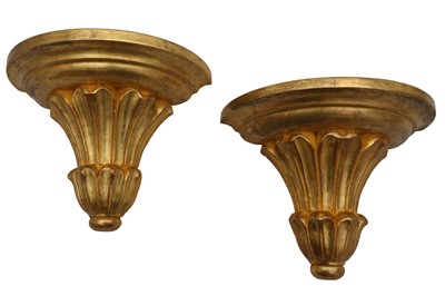 Lot 1464 - A PAIR OF GILTWOOD AND GESSO DEMI-LUNE WALL BRACKETS