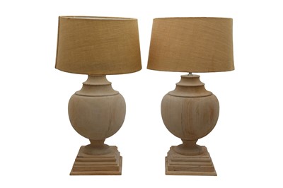 Lot 456 - A PAIR OF LARGE WOODEN TABLE LAMPS