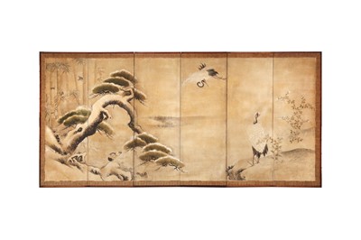 Lot 279 - A PAIR OF JAPANESE KANO SCHOOL SIX-FOLD PAPER SCREENS, BYOBU