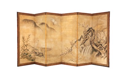 Lot 279 - A PAIR OF JAPANESE KANO SCHOOL SIX-FOLD PAPER SCREENS, BYOBU