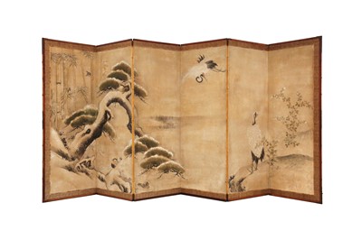 Lot 279 - A PAIR OF JAPANESE KANO SCHOOL SIX-FOLD PAPER SCREENS, BYOBU