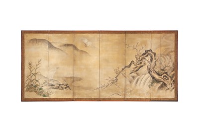 Lot 279 - A PAIR OF JAPANESE KANO SCHOOL SIX-FOLD PAPER SCREENS, BYOBU