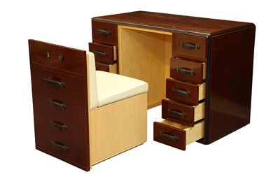 Lot 1806 - A CONTEMPORARY METAMORPHIC QUILTED MAPLE VENEERED DESK AND CHAIR