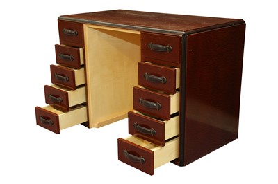 Lot 1806 - A CONTEMPORARY METAMORPHIC QUILTED MAPLE VENEERED DESK AND CHAIR