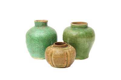 Lot 505 - A GROUP OF THREE CHINESE GREEN-GLAZED SMALL JARS