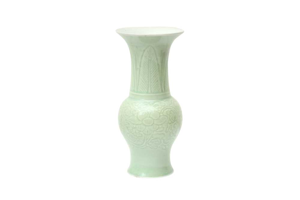 Lot 98 - A CHINESE CELADON-GLAZED 'PEONY' YEN YEN VASE