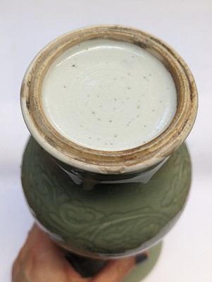 Lot 98 - A CHINESE CELADON-GLAZED 'PEONY' YEN YEN VASE