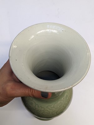 Lot 98 - A CHINESE CELADON-GLAZED 'PEONY' YEN YEN VASE