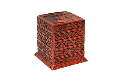 Lot 77 - A CHINESE CINNABAR LACQUER TIERED BOX AND COVER