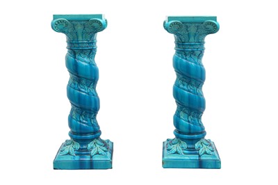 Lot 96 - A PAIR OF BURMANTOFTS TURQUOISE GLAZED JARDINIERE STANDS