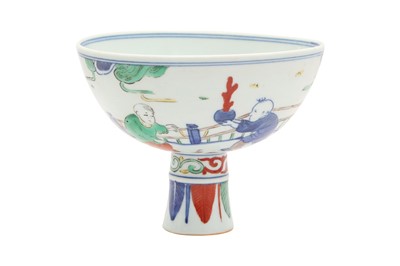 Lot 141 - A CHINESE MING-STYLE WUCAI 'BOYS' STEM BOWL, 20TH CENTURY OR LATER