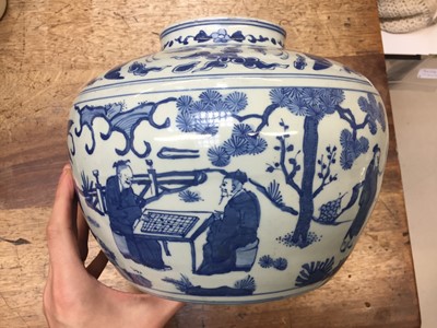 Lot 664 - A CHINESE MING-STYLE BLUE AND WHITE 'FIGURATIVE' JAR