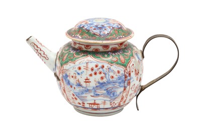 Lot 144 - A CHINESE BLUE AND WHITE 'CLOBBERED' TEAPOT AND COVER, 18TH CENTURY