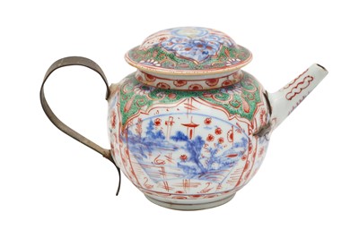 Lot 144 - A CHINESE BLUE AND WHITE 'CLOBBERED' TEAPOT AND COVER, 18TH CENTURY