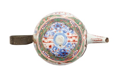 Lot 144 - A CHINESE BLUE AND WHITE 'CLOBBERED' TEAPOT AND COVER, 18TH CENTURY