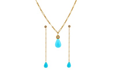 Lot 46 - A TURQUOISE AND DIAMOND NECKLACE AND EARRINGS SUITE BY CHRISTIAN DIOR