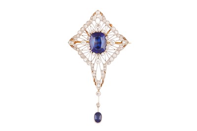Lot 16 - A SYNTHETIC SAPPHIRE AND DIAMOND PENDANT/BROOCH