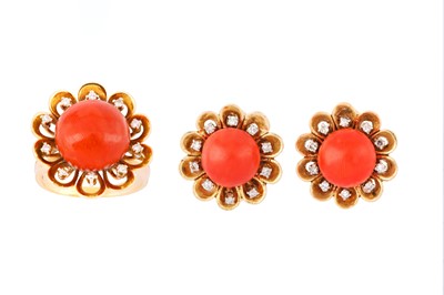 Lot 124 - λ A CORAL AND DIAMOND RING AND EARCLIP SUITE BY A.E KÖCHERT