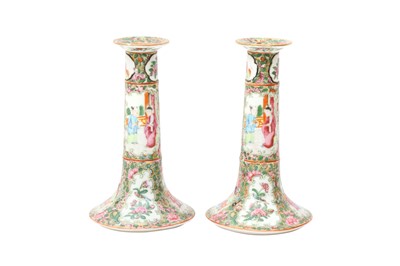 Lot 782 - A PAIR OF CHINESE CANTON FAMILLE-ROSE CANDLESTICKS