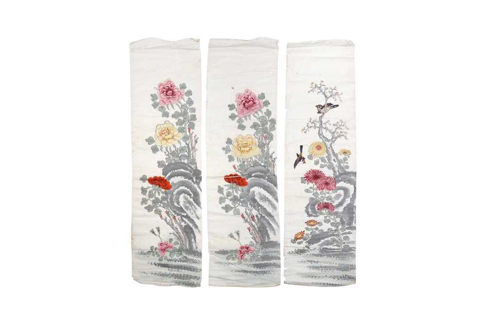 Lot 764 - THREE CHINESE 'FLORAL' WOVEN PANELS